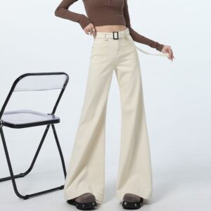H132-1Non stick legs, wide legs, slightly flared denim pants, women's plus size, off white, high waist, fat, mm, loose, floor mopping, straight horn