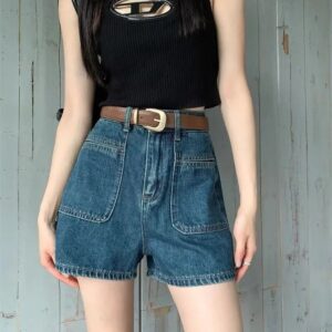 M696-6High waisted denim shorts for women in the summer of 2025, thin, chubby, and slim, covering the belly. Short stature, A-line, wide legs, hot in the summer