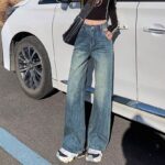 H120Jeans, women's blue, spring and summer, high waist, slimming, plus size design, leather brand, fat MM, loose straight tube, wide legs, long