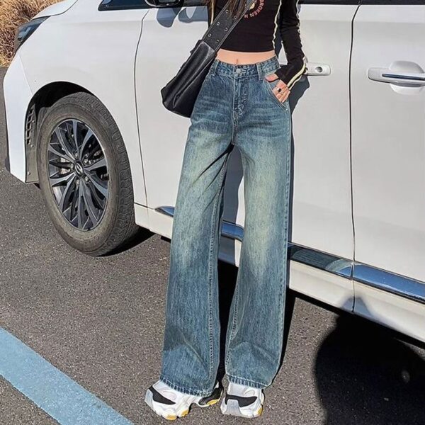 H120Jeans, women's blue, spring and summer, high waist, slimming, plus size design, leather brand, fat MM, loose straight tube, wide legs, long