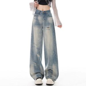 H142-5Loose ripped jeans, plus size women's pants, high waisted design, worn wide straight leg floor pants