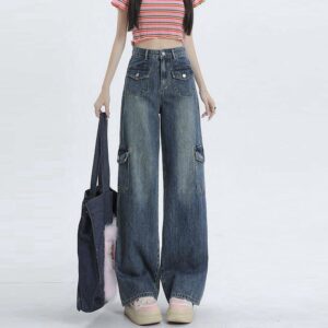 H2509-2Multi pocket design workwear jeans for women in plus size, loose and chubby, with a slim fit, niche retro style, floor length, wide leg pants