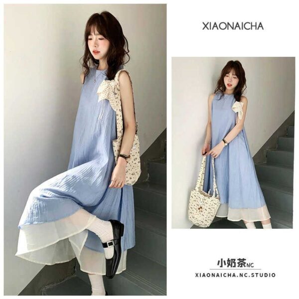 DS261Striped texture fake two piece dress for women's summer new style, loose and slimming, with a hanging and elegant temperament, long skirt