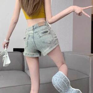 H49812025 summer new vintage zipper design denim shorts for women, high waisted retro slimming A-line hot pants for spicy girls