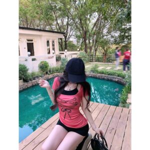 148037[270g Cotton] Fake Two Piece Printed Neck Hanging Short sleeved T-shirt for Women's Summer Design with Chest Cushion Sweet and Spicy Girl Top