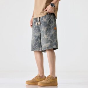 1311# Camouflage denim shorts for men, elastic waist, loose fit, summer thin design