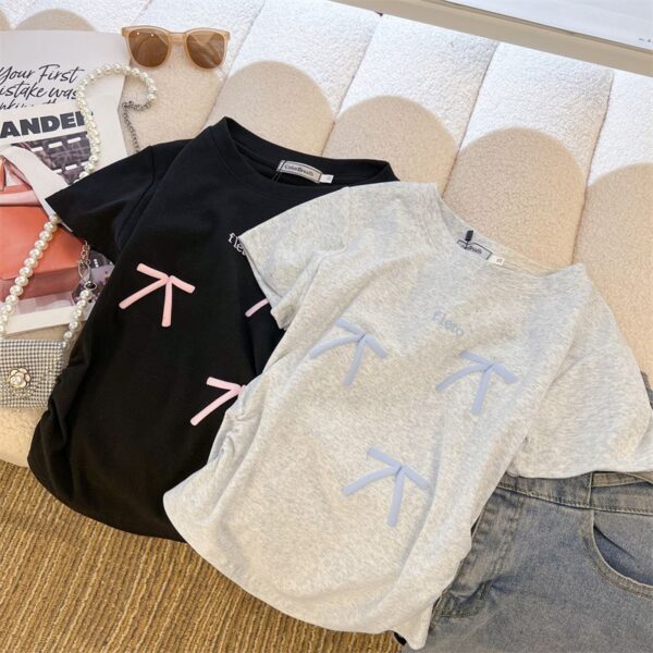 208002-12025 (92 cotton/8 spandex) 40 count 210g pure cotton foam bow design short sleeved T-shirt