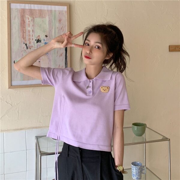 5332602025 Korean Bear Short sleeved T-shirt Women's New Summer Design Sense Short Drawstring Polo Collar