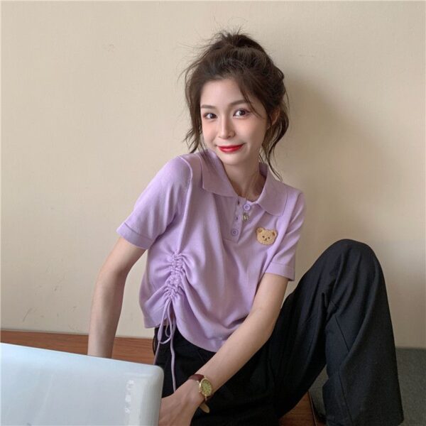 5332602025 Korean Bear Short sleeved T-shirt Women's New Summer Design Sense Short Drawstring Polo Collar