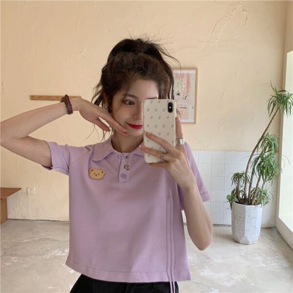 5332602025 Korean Bear Short sleeved T-shirt Women's New Summer Design Sense Short Drawstring Polo Collar