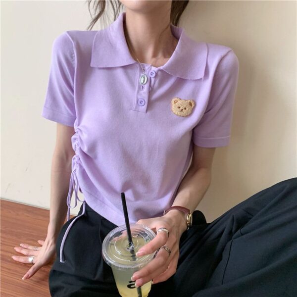 5332602025 Korean Bear Short sleeved T-shirt Women's New Summer Design Sense Short Drawstring Polo Collar