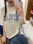 MML6823Original sticker embroidery [220g pure cotton+large size+threaded collar+wrapped shoulder] round neck short sleeved women
