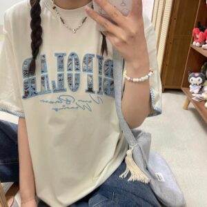 MML6823Original sticker embroidery [220g pure cotton+large size+threaded collar+wrapped shoulder] round neck short sleeved women