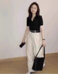 201482025 (92 cotton/8 spandex) 40 count 210g pure cotton black front shoulder V-neck short sleeved t-shirt for women