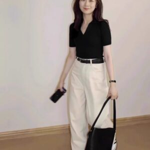 201482025 (92 cotton/8 spandex) 40 count 210g pure cotton black front shoulder V-neck short sleeved t-shirt for women