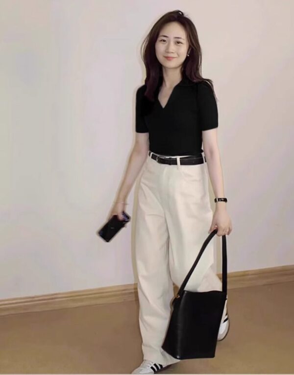 201482025 (92 cotton/8 spandex) 40 count 210g pure cotton black front shoulder V-neck short sleeved t-shirt for women