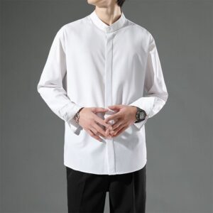 7CY16  Trendy Japanese style loose and iron free casual shirt for men, Japanese style cool and stylish business, ice silk long sleeved thin men's white shirt