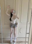 539056260g cotton pure desire wind V-neck short sleeved shoulder T-shirt for women's summer sexy tight fitting slimming short top