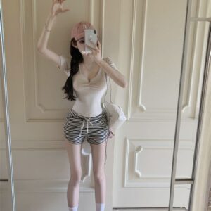 539056260g cotton pure desire wind V-neck short sleeved shoulder T-shirt for women's summer sexy tight fitting slimming short top