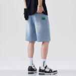 1315#  Light blue starry sky pattern denim shorts, loose straight leg 5-point pants