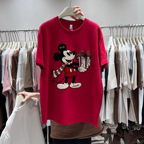 2060192025 New Style -32 Double Yarn One Size Mickey Short Sleeve T-shirt for Women Winter Large Edition Medium Length