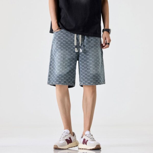 1312# Butterfly patterned denim shorts for men, elastic waist, summer thin design