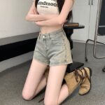 H4981Yellow mud denim shorts, female spicy girl, ins style, height, waist, A-line bag, hip pocket, zipper, elastic straight leg hot pants