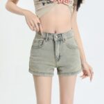 H4981-3Yellow mud denim shorts for women with high waisted ins style spicy girl straight leg pocket design, zipper elastic A-line hot pants