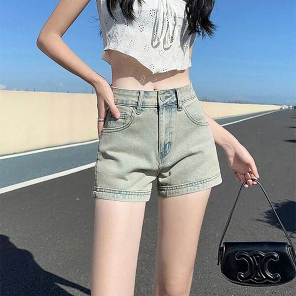 H4981-2Pocket zipper denim shorts with women's design sense, elastic high waist straight tube, A-line bag, wide hips and legs, hot pants