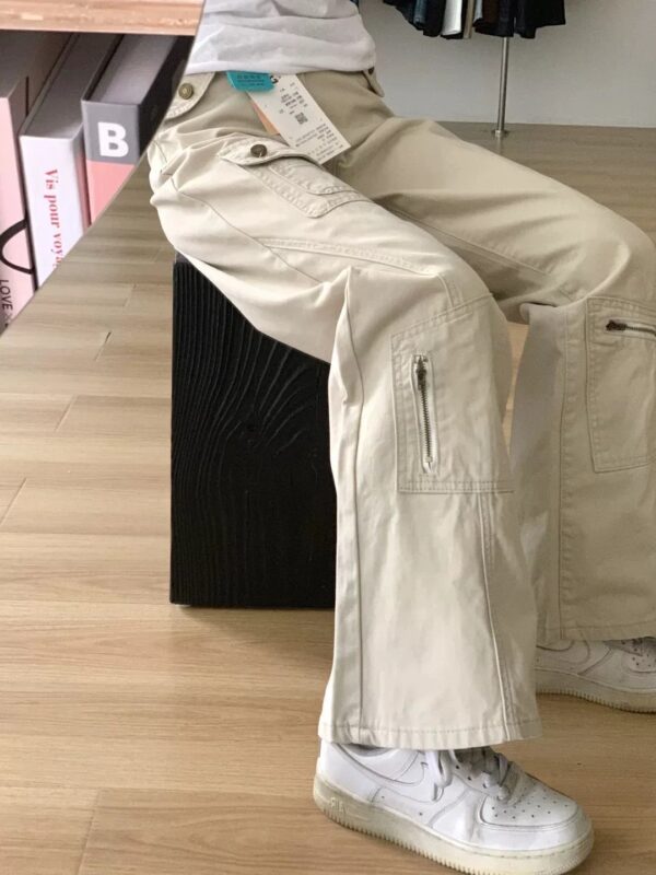 F13659-1Sand apricot wide leg denim work pants for women in winter, new multi pocket high waist loose fit slimming straight leg floor pants