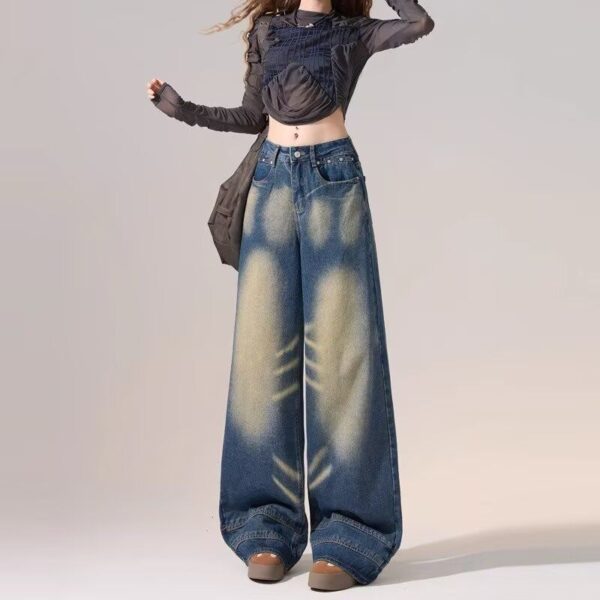 G3055-2High waisted American retro jeans for women in spring 2025, new straight leg loose fit slimming wide leg floor pants