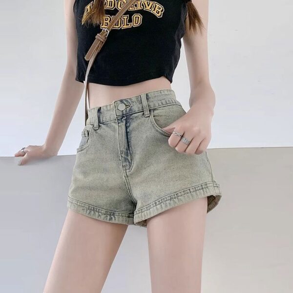 H4981-6Design Zipper Pocket Denim Shorts for Female Internet Celebrity New Hot Pants with High Waist, Straight Tube, and Elastic Wide Legs for Spicy Girls