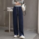 H01-1Lace up elastic curved knife pants for women, thick in size, high waist and wide leg jeans, with a hanging feeling, long pants for floor dragging, straight leg pants