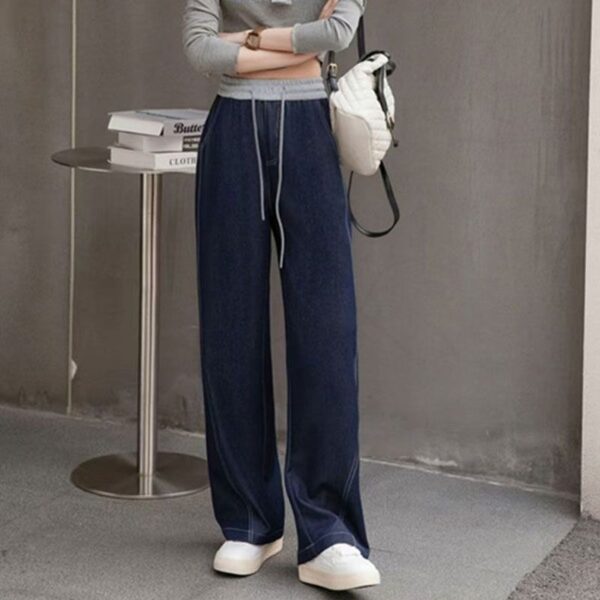 H01-1Lace up elastic curved knife pants for women, thick in size, high waist and wide leg jeans, with a hanging feeling, long pants for floor dragging, straight leg pants