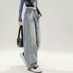 H142-4Jeans, women's light color, spring and summer new style, loose, floor hugging, hole breaking, plus size women's clothing, fat, mm, high waist, wide legs, straight, long