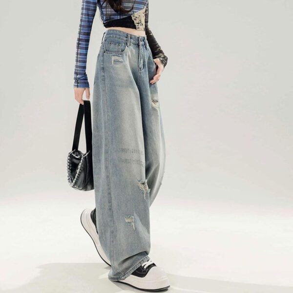 H142-4Jeans, women's light color, spring and summer new style, loose, floor hugging, hole breaking, plus size women's clothing, fat, mm, high waist, wide legs, straight, long