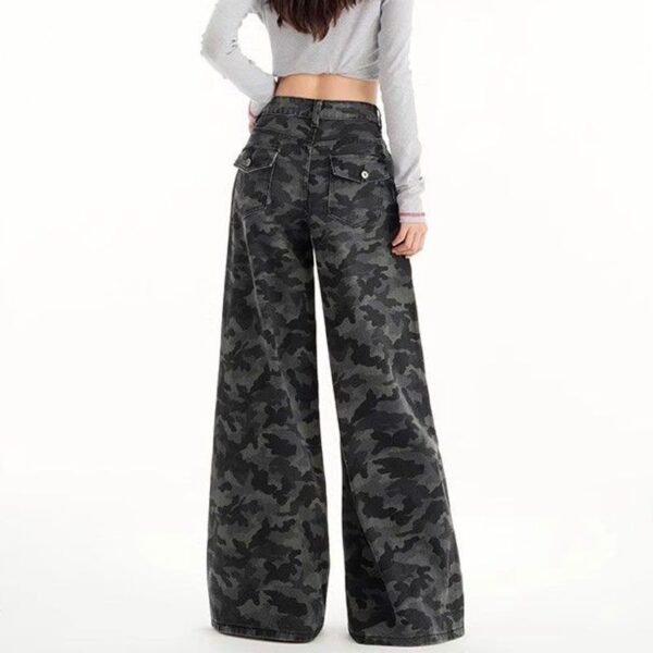 H102-1Straight leg wide leg camouflage pants, women's plus size loose work pants, pear shaped figure, high waist, fat mm, floor length denim pants