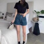 M696-6High waisted denim shorts for women in the summer of 2025, thin, chubby, and slim, covering the belly. Short stature, A-line, wide legs, hot in the summer