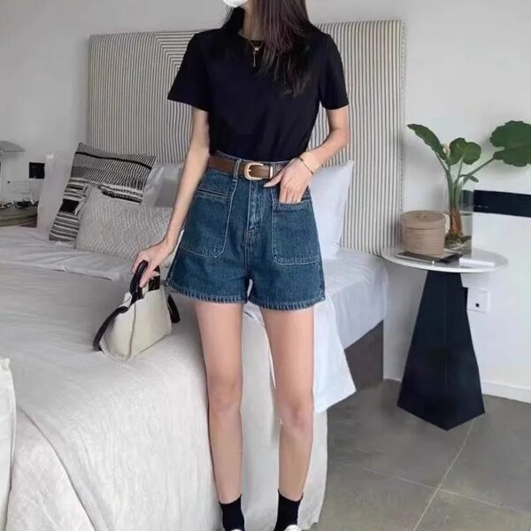 M696-6High waisted denim shorts for women in the summer of 2025, thin, chubby, and slim, covering the belly. Short stature, A-line, wide legs, hot in the summer