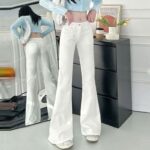 H106High waisted slim fit white jeans women's American versatile plus size stretch fat mm straight leg horseshoe slightly flared pants
