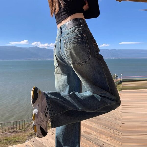 H120Jeans, women's blue, spring and summer, high waist, slimming, plus size design, leather brand, fat MM, loose straight tube, wide legs, long