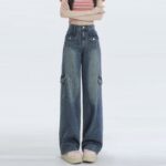 H2509-2Multi pocket design workwear jeans for women in plus size, loose and chubby, with a slim fit, niche retro style, floor length, wide leg pants