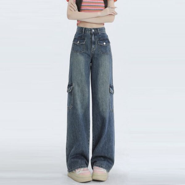 H2509-2Multi pocket design workwear jeans for women in plus size, loose and chubby, with a slim fit, niche retro style, floor length, wide leg pants
