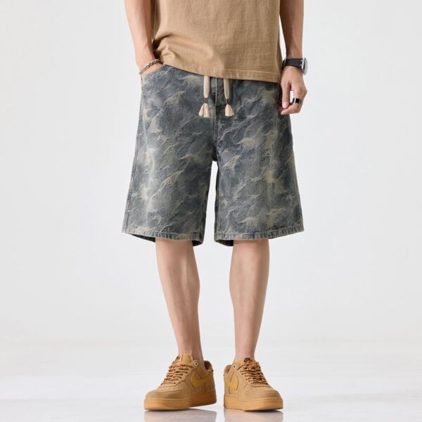 1311# Camouflage denim shorts for men, elastic waist, loose fit, summer thin design