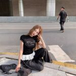 148014【 Cotton 270g 】 Black lace patchwork fake two shoulder short sleeved T-shirt for women's summer contrasting slim fit top