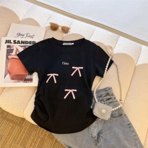 208002-12025 (92 cotton/8 spandex) 40 count 210g pure cotton foam bow design short sleeved T-shirt