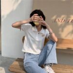 5332602025 Korean Bear Short sleeved T-shirt Women's New Summer Design Sense Short Drawstring Polo Collar