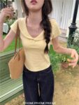 148018【 1 * 1 Cotton 270g 】 Sweet Girl Doll Collar Short Sleeve T-shirt, Shoulder Look, Slim Summer Versatile Solid Color Short Top for Women