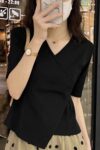 202492025 (92 cotton/8 spandex) 40 count 210g pure cotton irregular shoulder short sleeved T-shirt for women