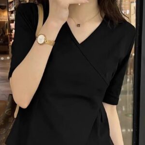 202492025 (92 cotton/8 spandex) 40 count 210g pure cotton irregular shoulder short sleeved T-shirt for women